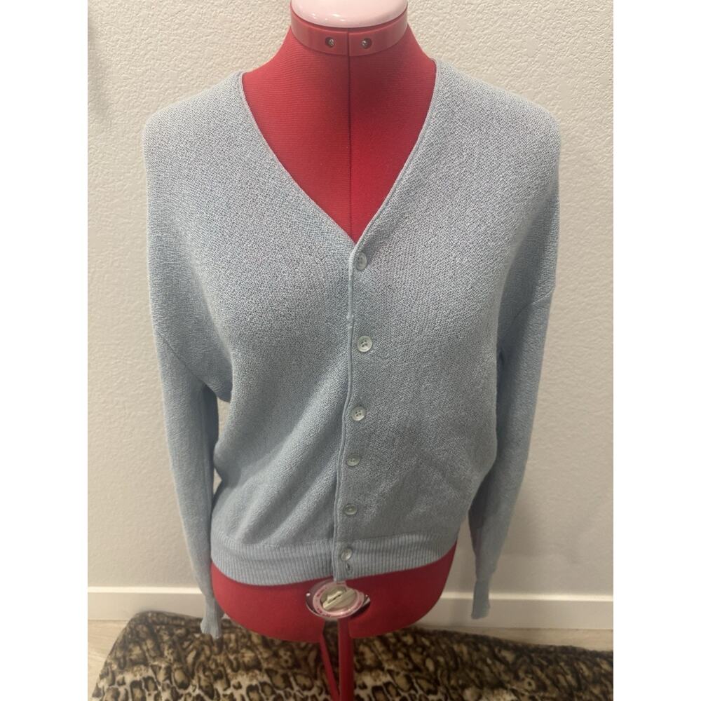 Vintage alpaca Light Blue Knit Cardigan V‎ Neck Long Sleeve Casual Sweater Top